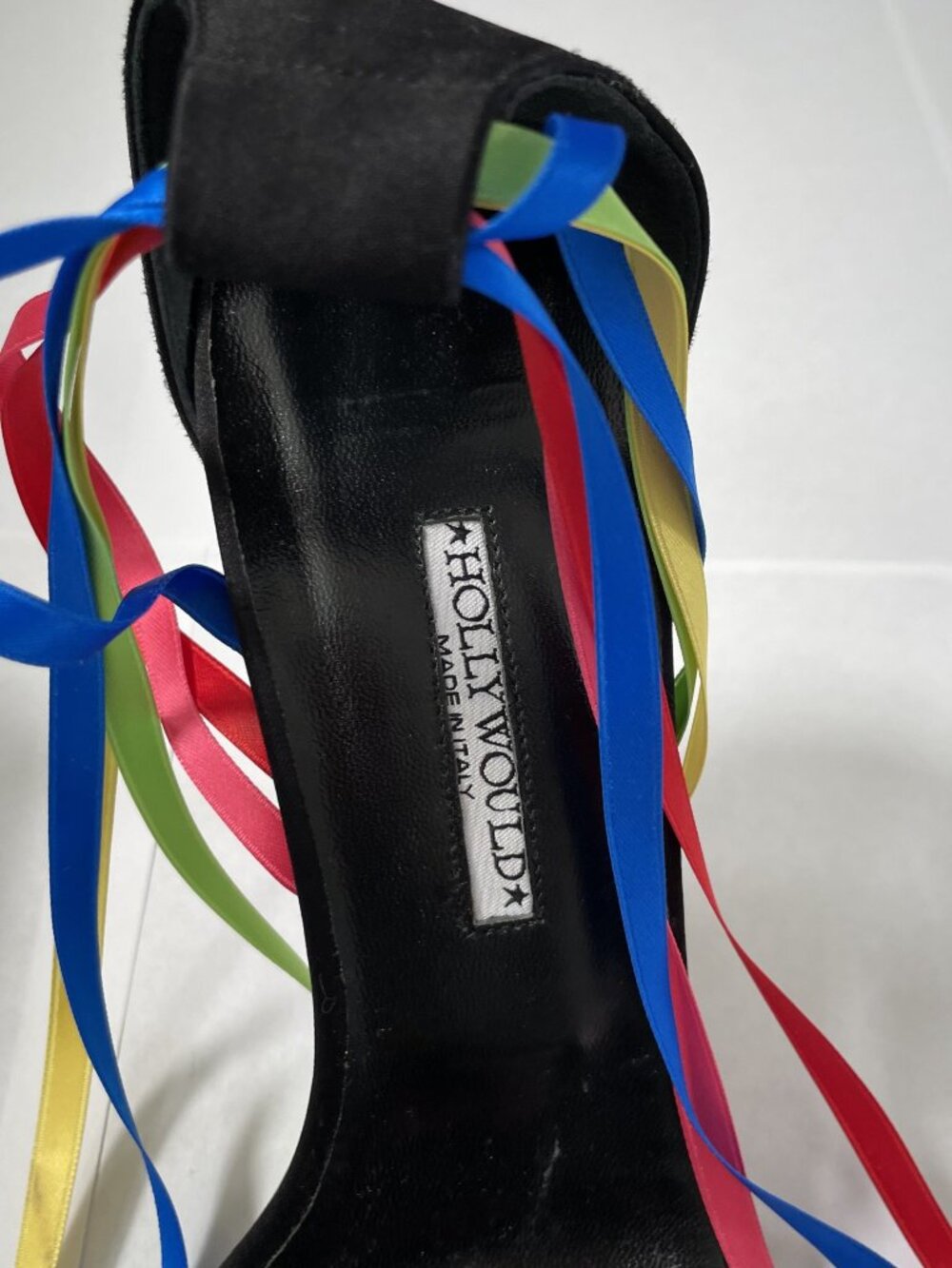 Hollywould Rainbow Ribbon Beaded Ankle Wrap Vintage Y2K Heels 8 Sandals Black - Picture 8 of 16